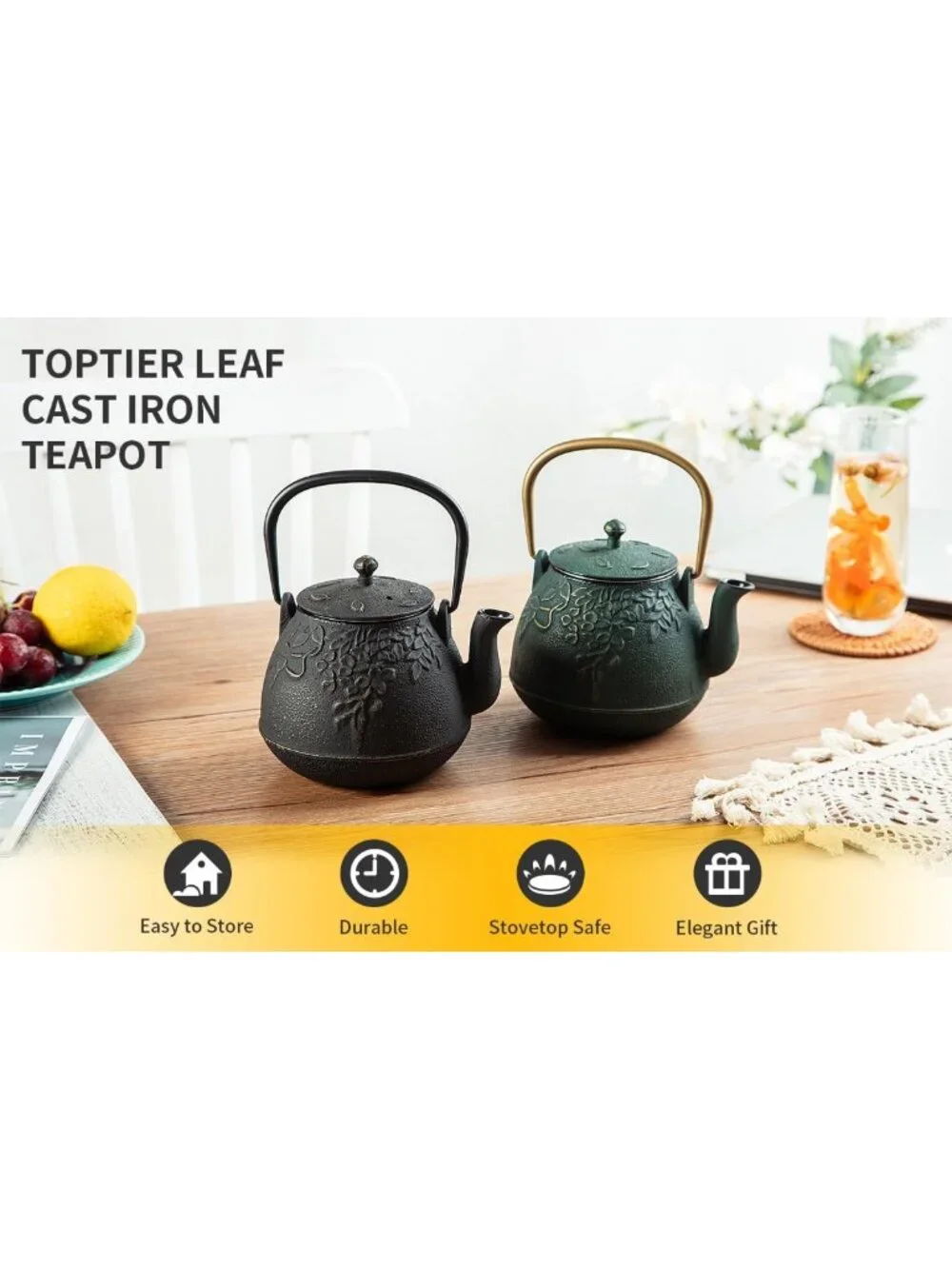 Japanese Cast Iron Teapot with Infuser, 40oz Stovetop Safe, Leaf Design, Dark